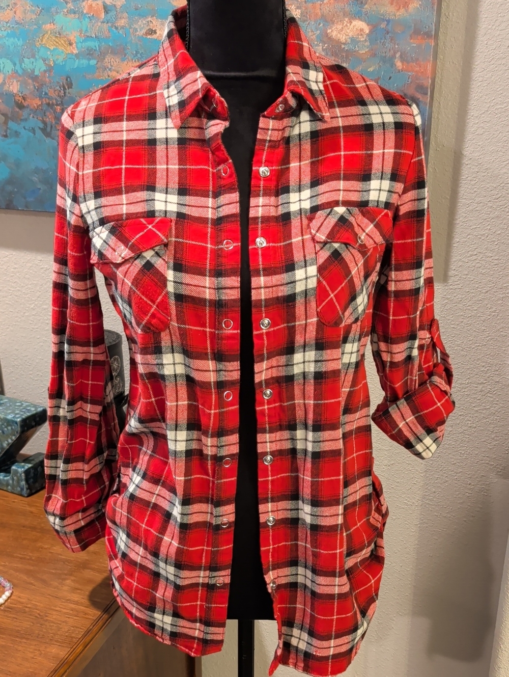 Red Plaid Women's Button-Up Fitted Shirt Snap Buttons